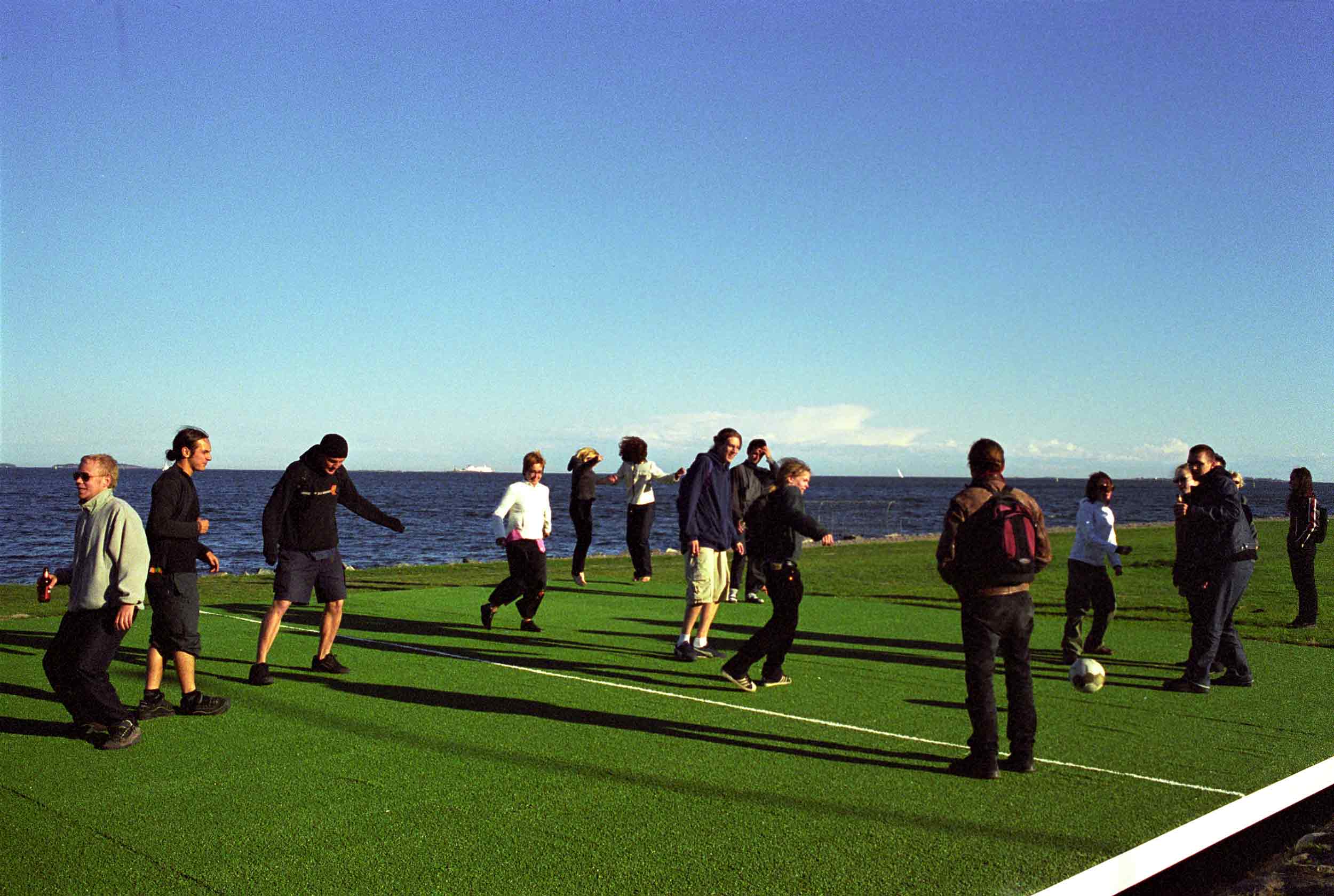 Jumping Field: group of multiple people jumping on artwork