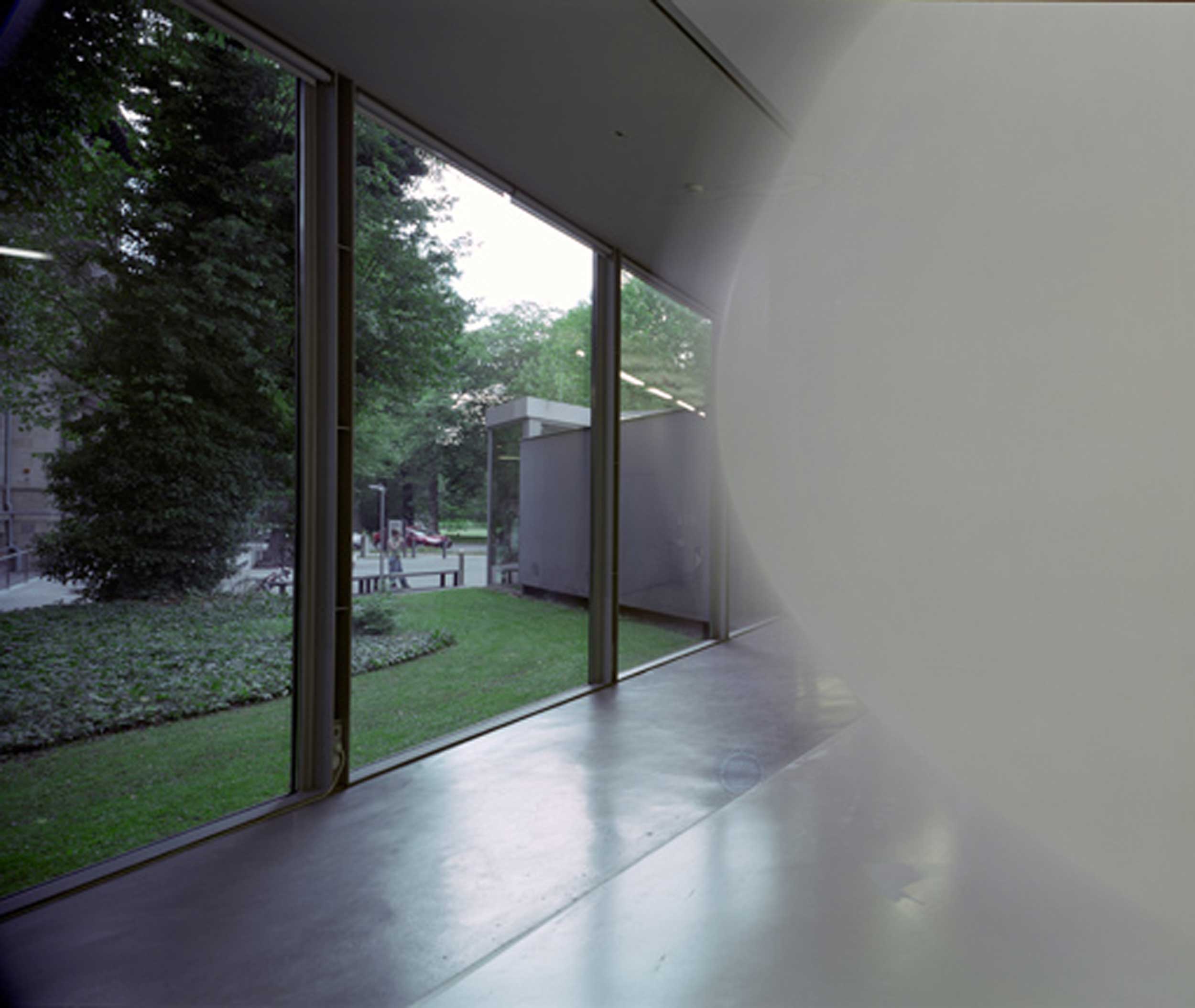 Pneumatic Cloud: view from inside left of artwork to outside garden from inside