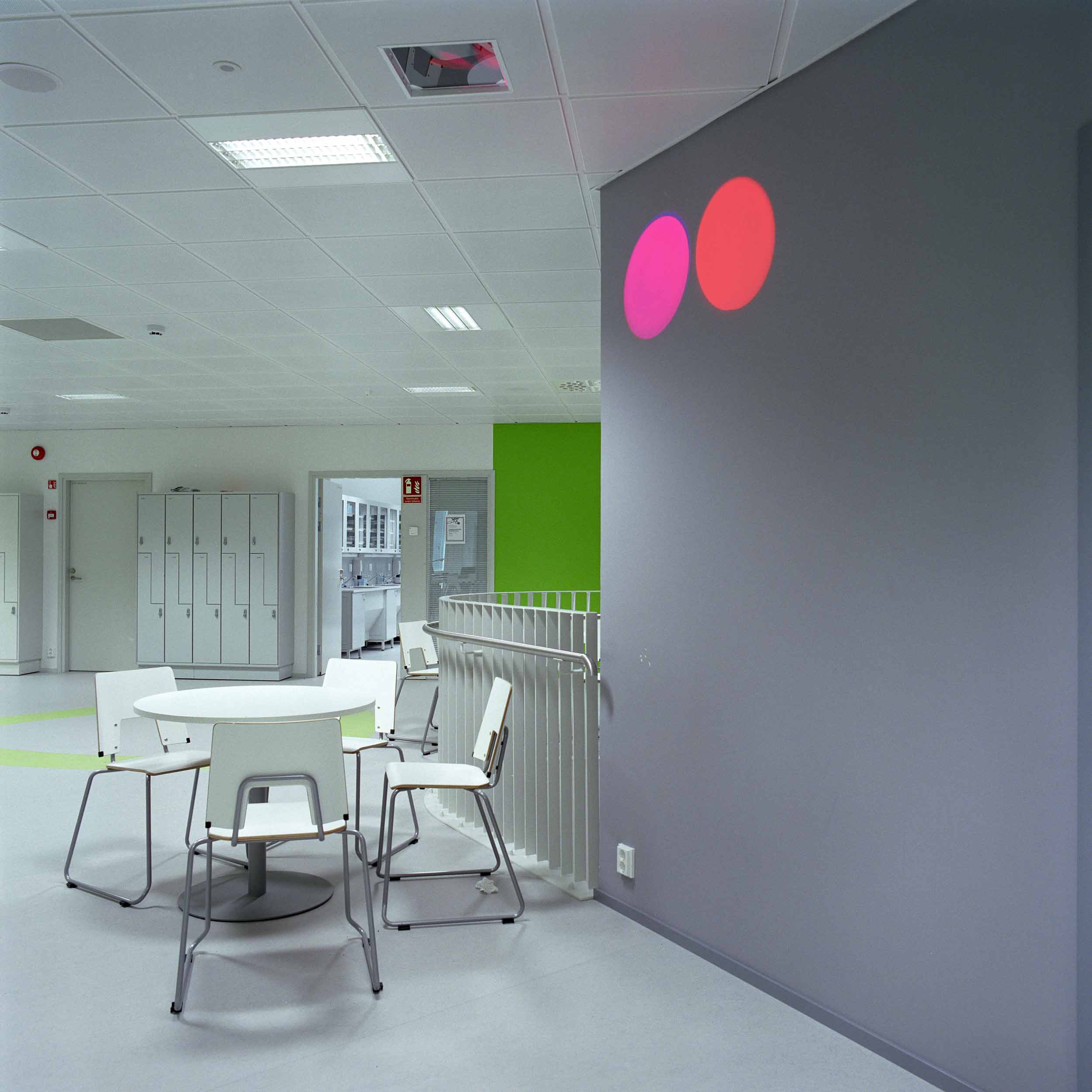 Pair of pink and red spots on gray wall