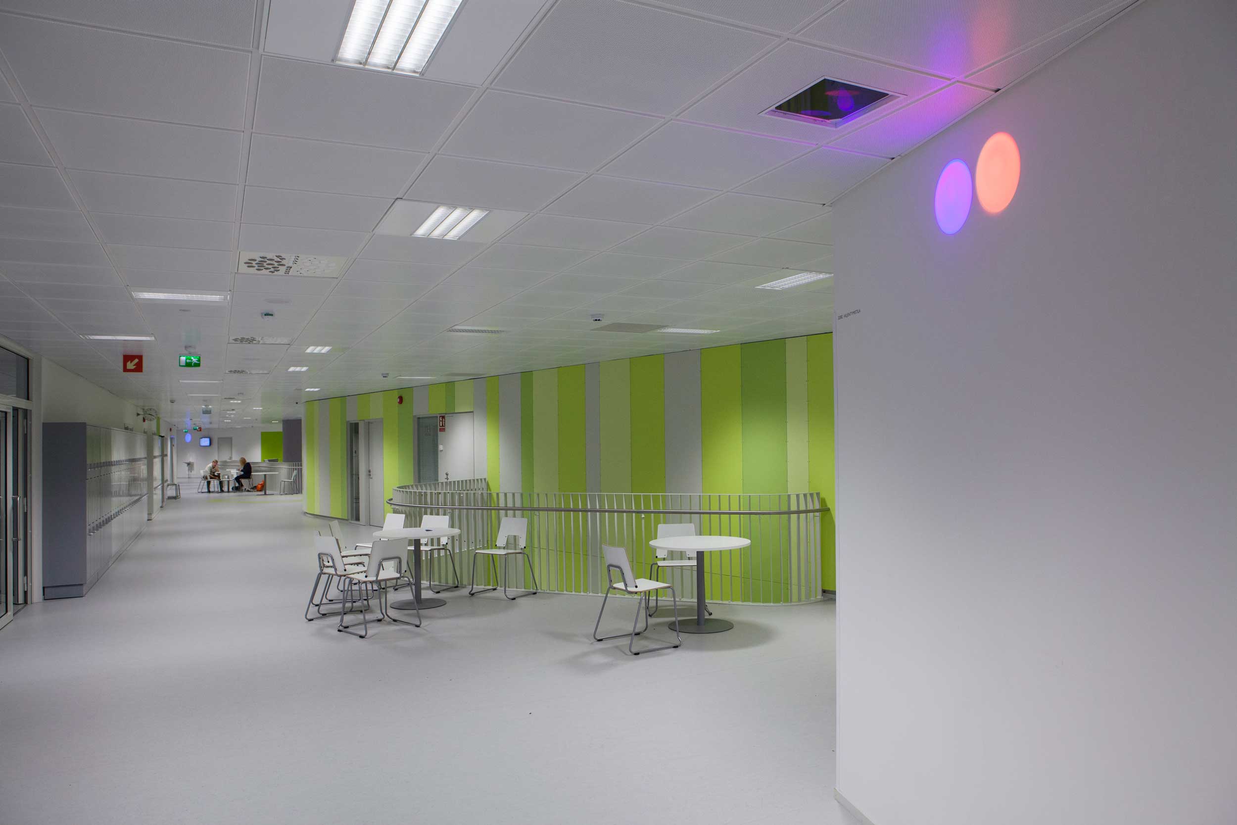 Pair of purple and orange spots on white wall with green-striped wall in background