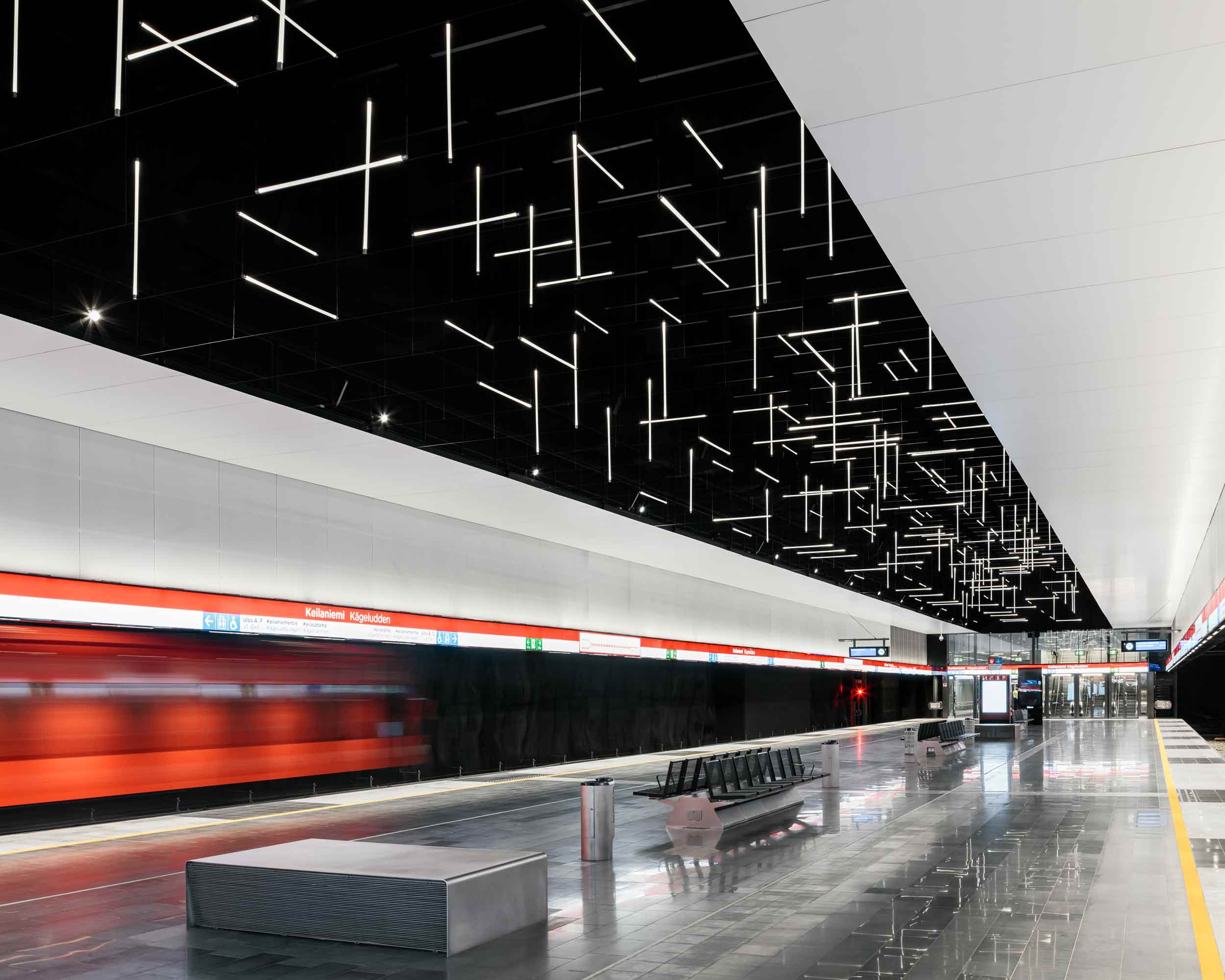 Perspective view on installation with metro train passing